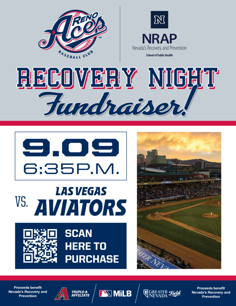 Promotional flyer for “Recovery Night Fundraiser” at the Reno Aces baseball game benefiting NRAP (Nevada’s Recovery and Prevention). The event takes place on September 9 at 6:35 p.m. at Greater Nevada Field. The Reno Aces will play the Las Vegas Aviators. A QR code is included to scan for ticket purchase. The flyer includes logos for the Reno Aces, NRAP, Greater Nevada Field, MiLB, and Triple-A affiliate, and features a photo of a baseball game in progress at the stadium. Proceeds benefit Nevada’s Recovery and Prevention. Ask ChatGPT