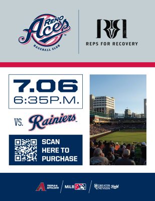 Join theReps4Recovery crew for a fun night with the Reno Aces! Reps4Recovery strives to strengthen recovering persons through group fitness, community, and mentorship. R4R also strives to provide safe events for socializing, connecting, and having fun! A portion of ticket sales will be donated to Reps4Recovery's scholarship program. Come have some fun and enjoy an evening at the Aces ballpark while supporting healthy, accessible resources for our greater community. Now, THAT'S a doubleheader! Aces vs Tacoma Rainiers event Jul 06, 2023 6:35 PM PDT Greater Nevada Field, Reno, NV Purchase Deadline: Jul 6th @ 11:59am PDT https://fevogm.com/event/Reps4recoveryfundraiser2